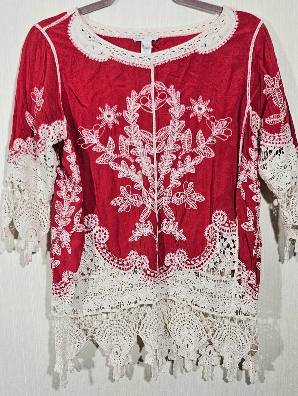 Cato Boho Red Embroidered Crochet Lace Tunic Top Blouse Medium